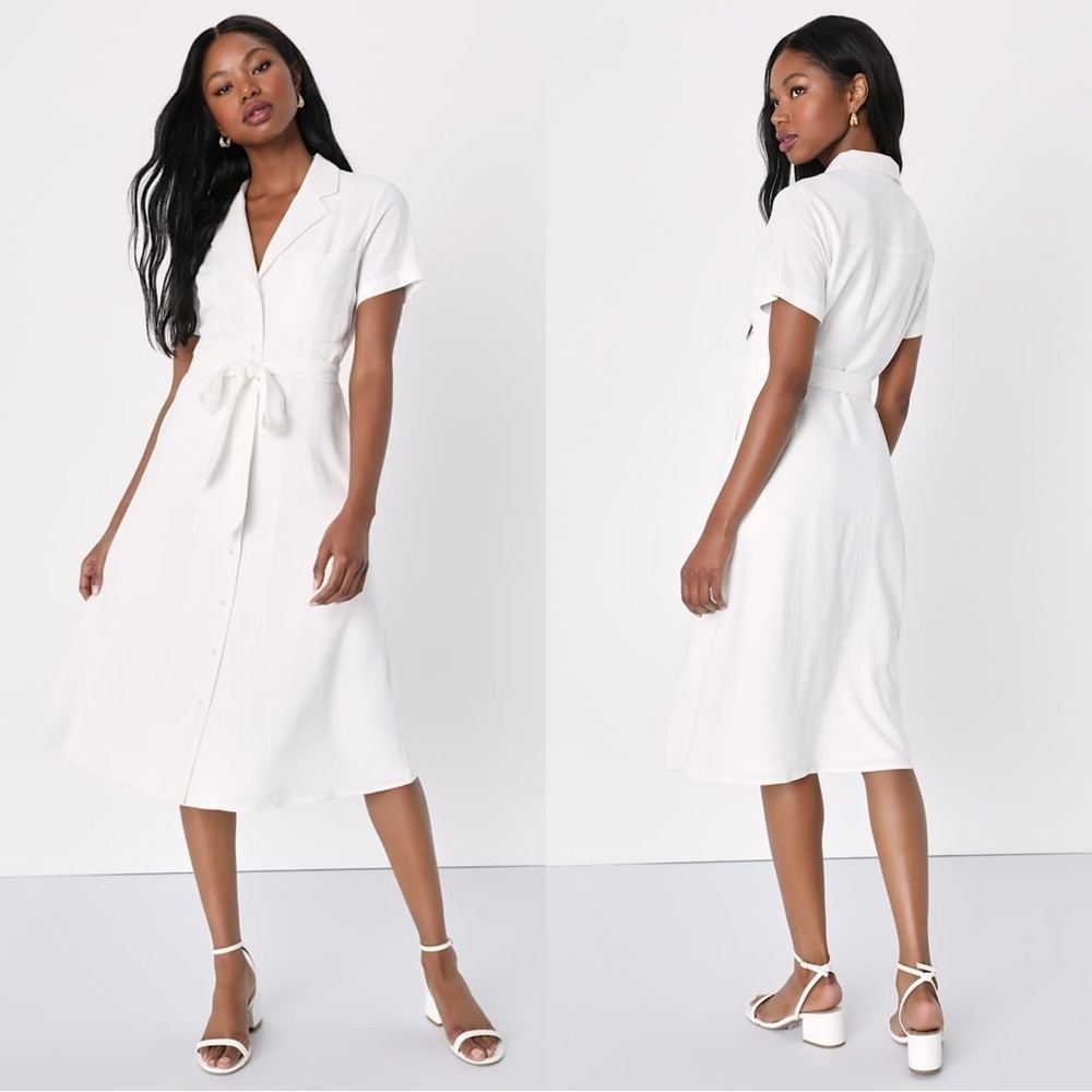 NWOT Lulus Sweet Sincerity White Linen Button-Up Midi Dress With Pockets